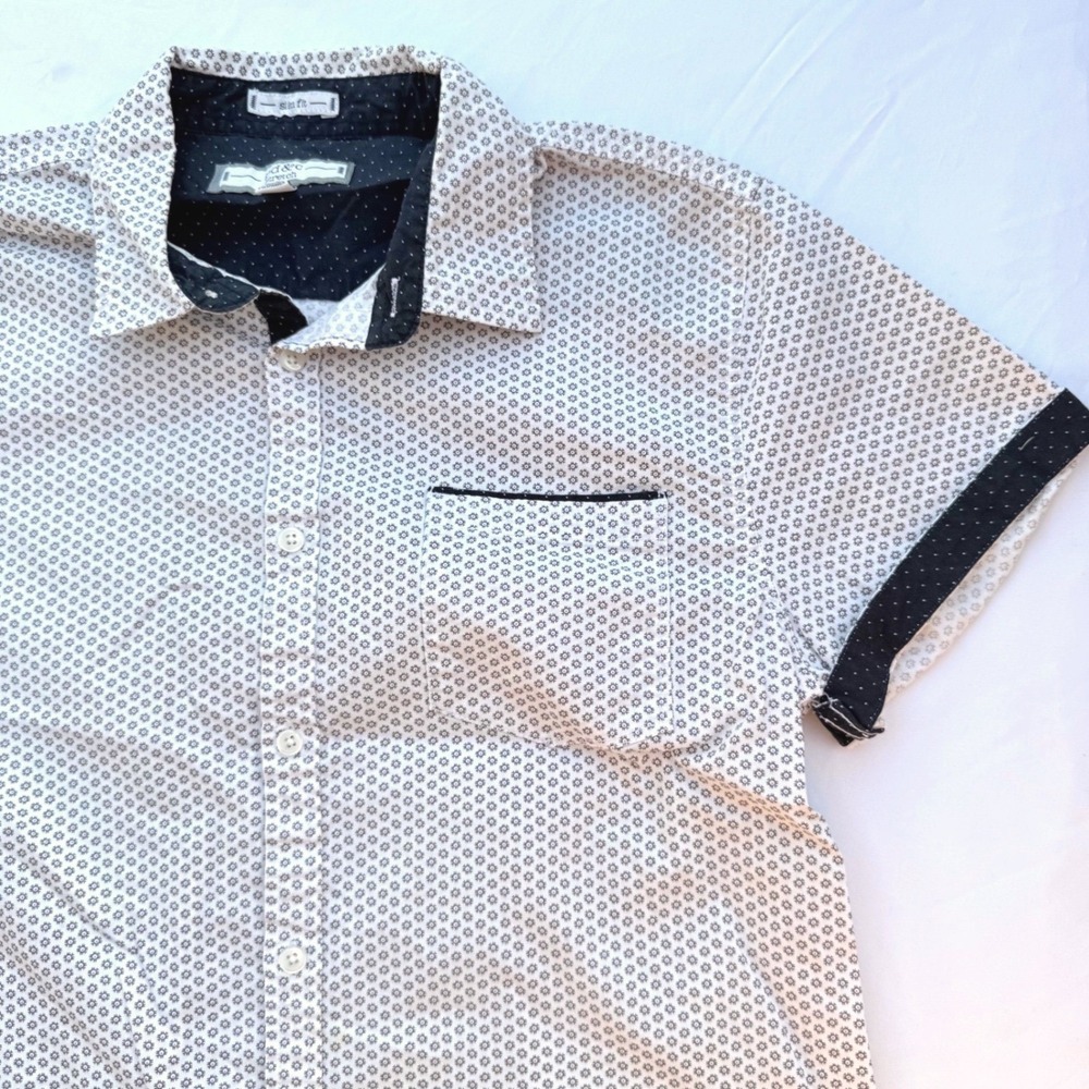 PD&C Stretch Mens Slim Fit Short Sleeve Button Up Shirt White Geometric Large